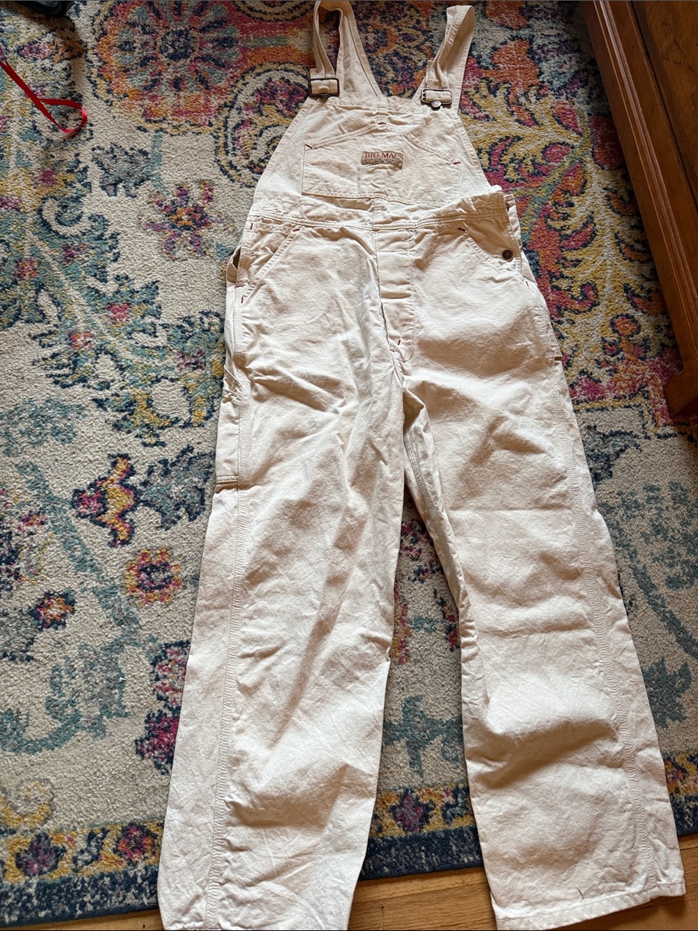 Vintage Big Mac Canvas Bib Overalls in Cream with red thread accents